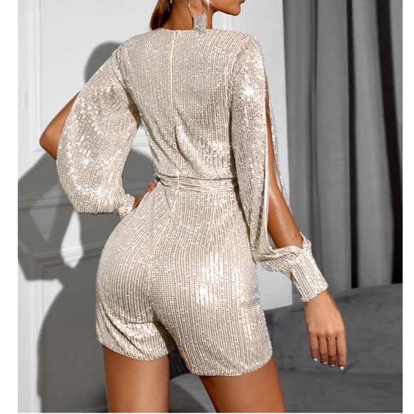 Luxe Cut out Sleeve Sequin Party Holiday Romper - Picture 4 of 4